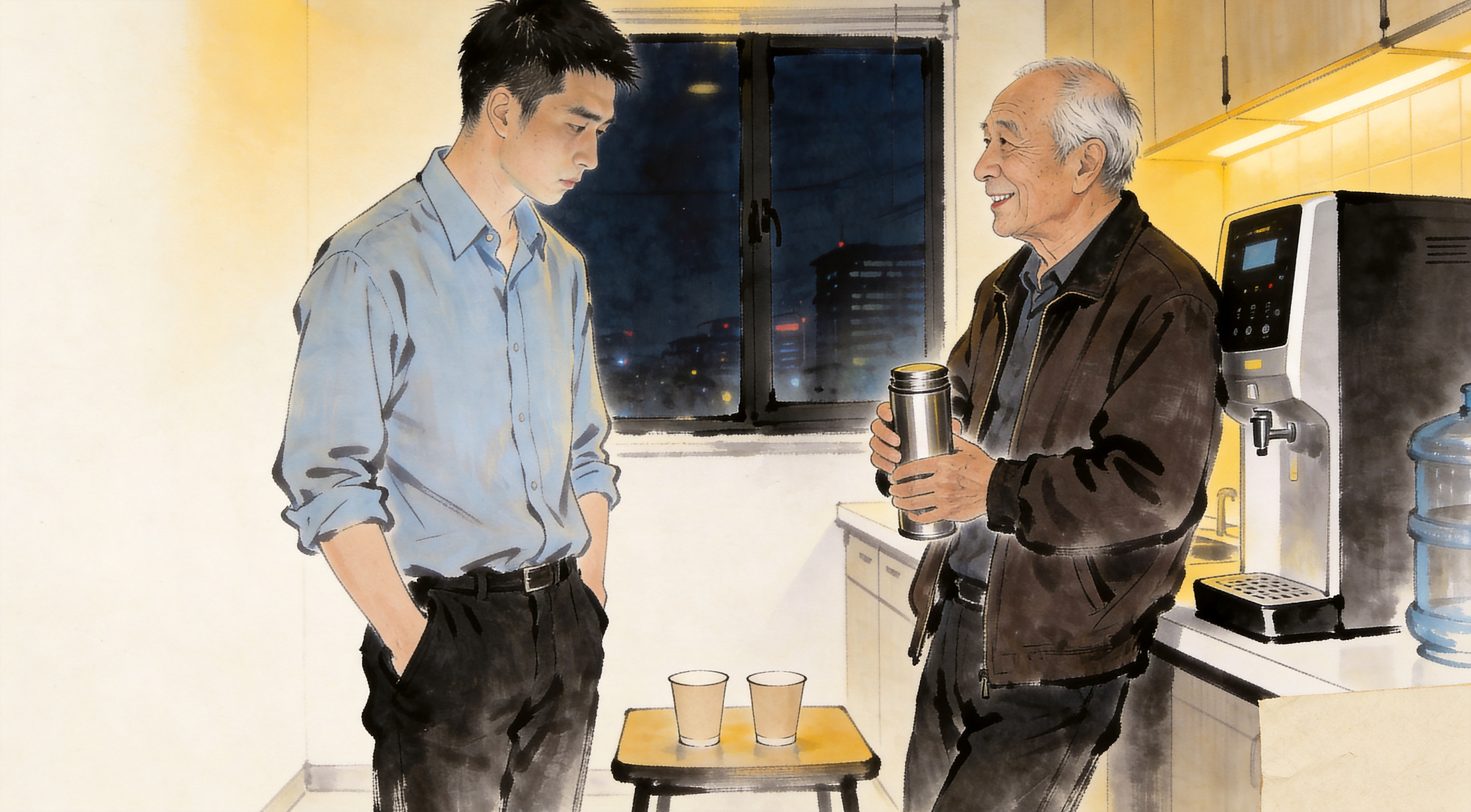 茶水间里,端保温杯的老业务员与年轻人方磊对坐交谈,窗外天色将晚